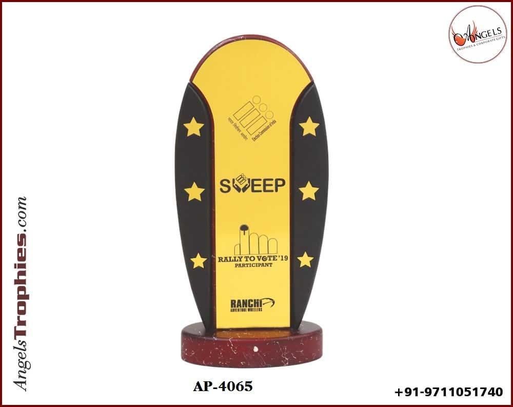 wooden award trophy with metal plate with wooden base