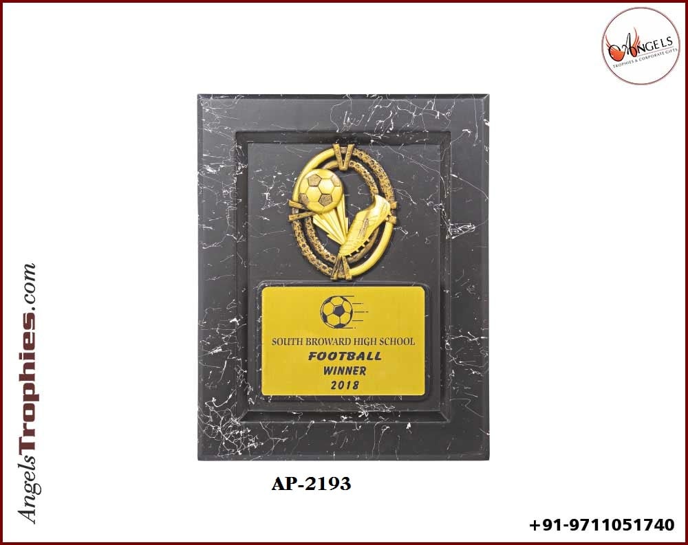 wooden black award shield with football