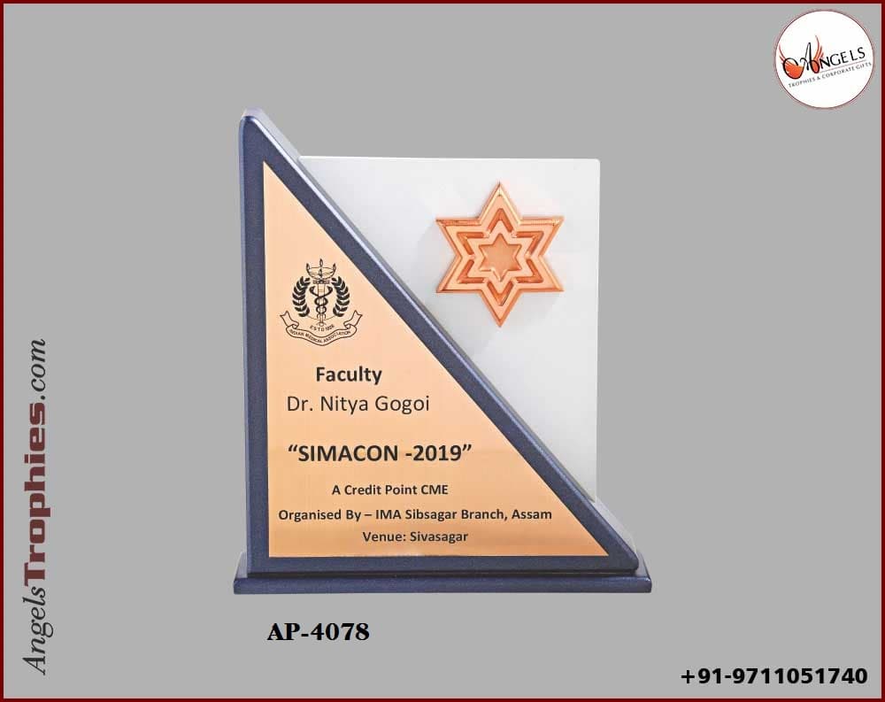 blue wooden award shield with white wooden and blue