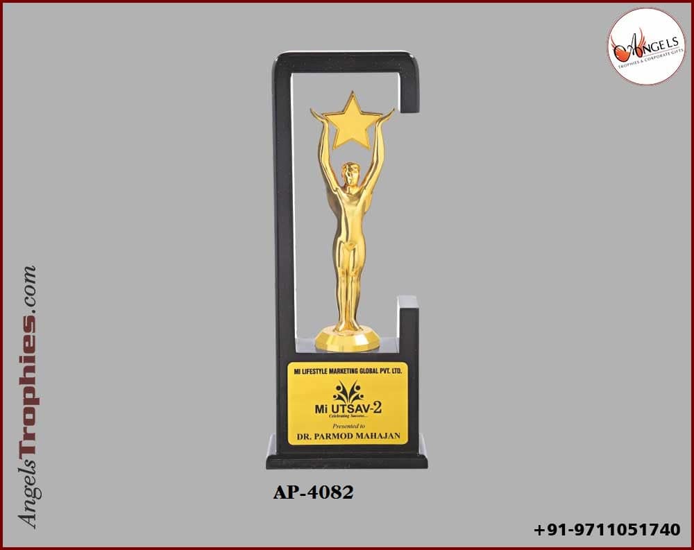 black wooden award window trophy with metal golden handle star man with base