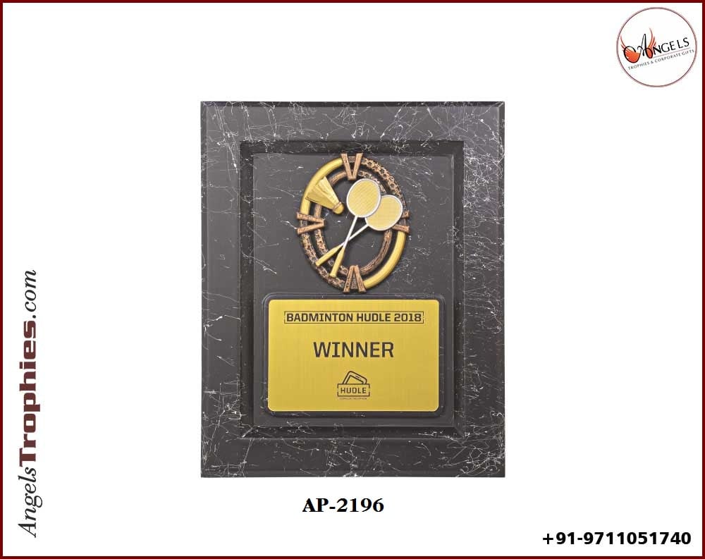 wooden black award shield with badminton