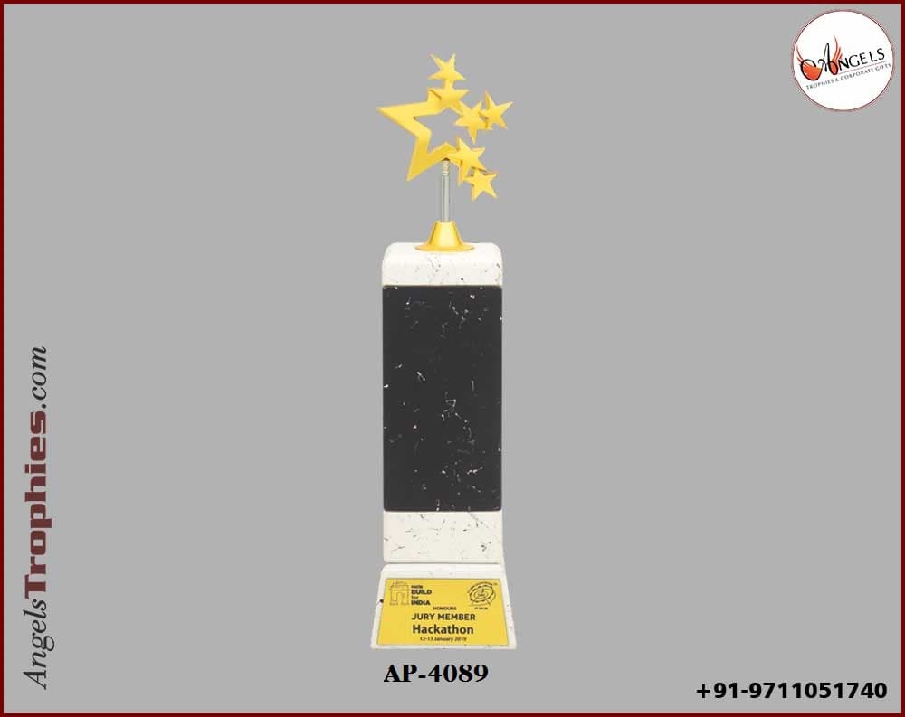 metal heavy golden star with white wooden with black trophy