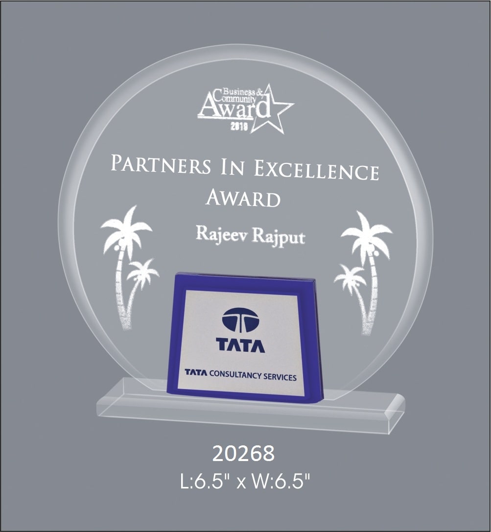 acrylic round trophy with blue strip with base