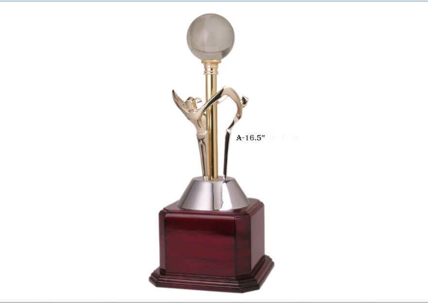 Metal Group Trophy with handle globe with wooden base