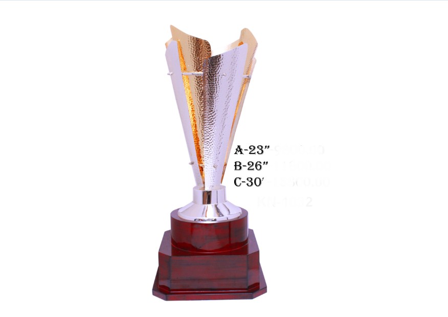 metal Heavy Copper with Silver trophy with wooden base