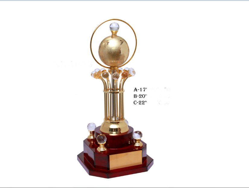 metal trophy premium award with small diamond metal pillor with wooden base