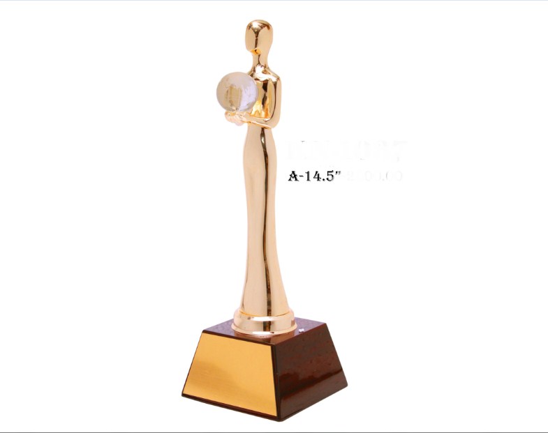 Metal Lady trophy with handle globe with wooden base