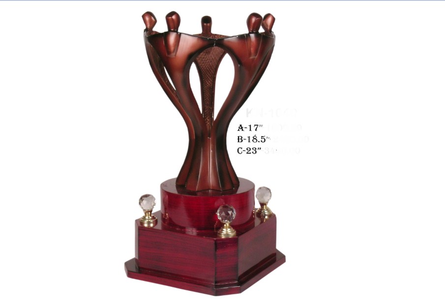 Metal Bronze Colour group trophy with five men with wooden base