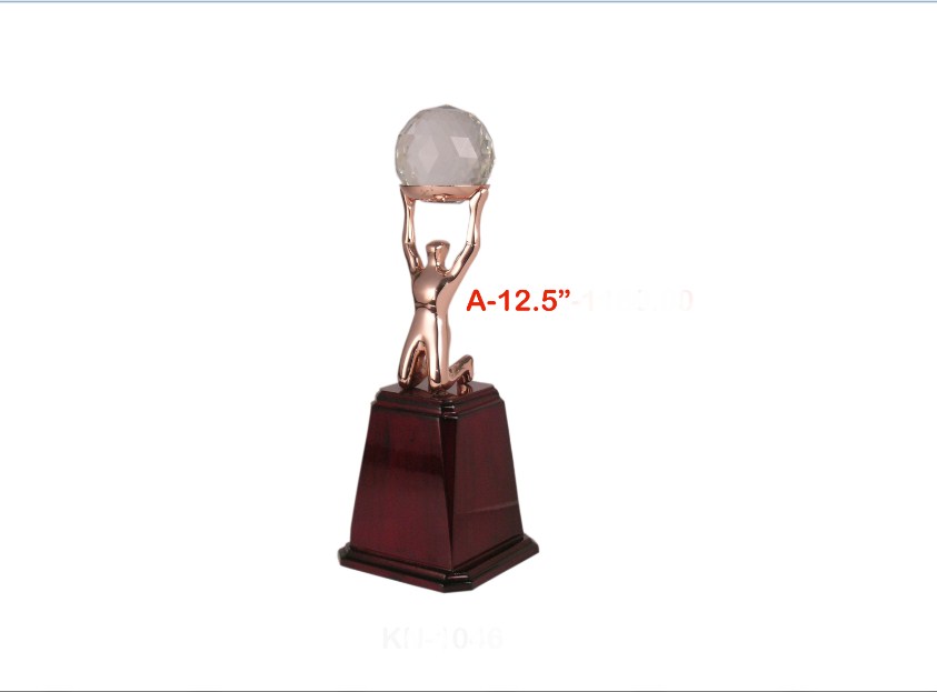Metal Trophy with Gold man handle with crystal ball with wooden base
