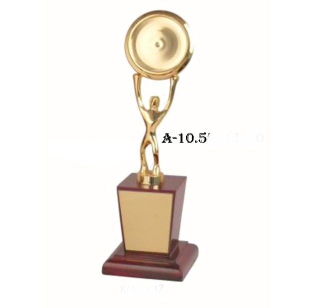 Metal Man trophy with lag move handle round with wooden base