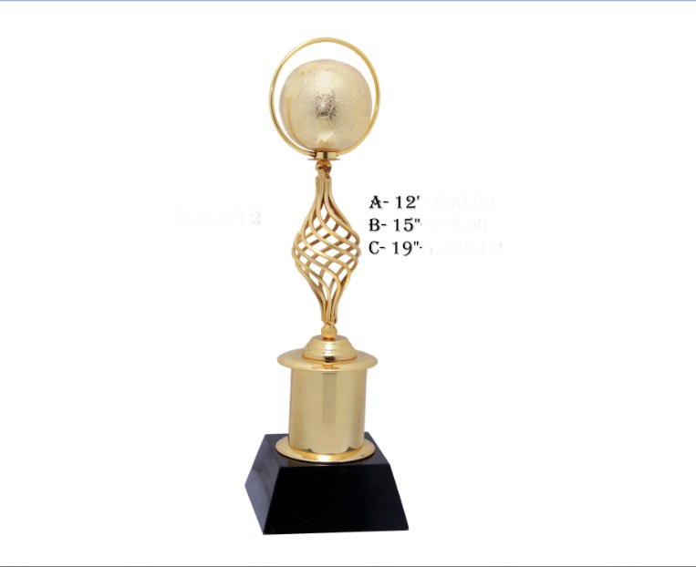 metal trophy with metal globe with spiral pillor with wooden base