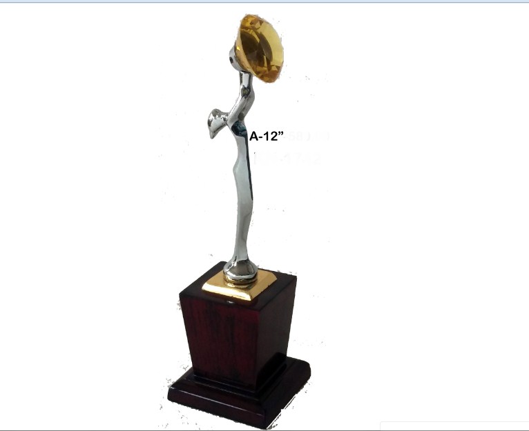 Metal silver lady handle gramophone with wooden base