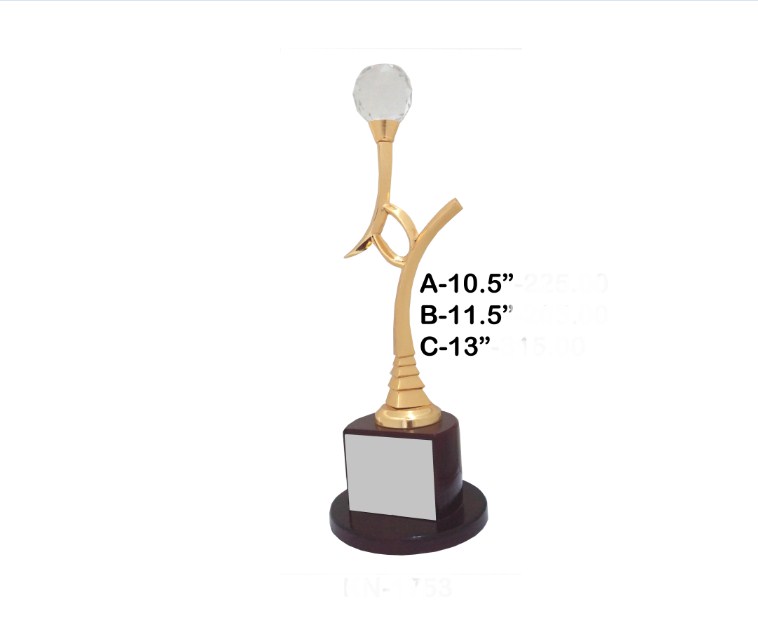 Metal body trophy with crystal ball with wooden base