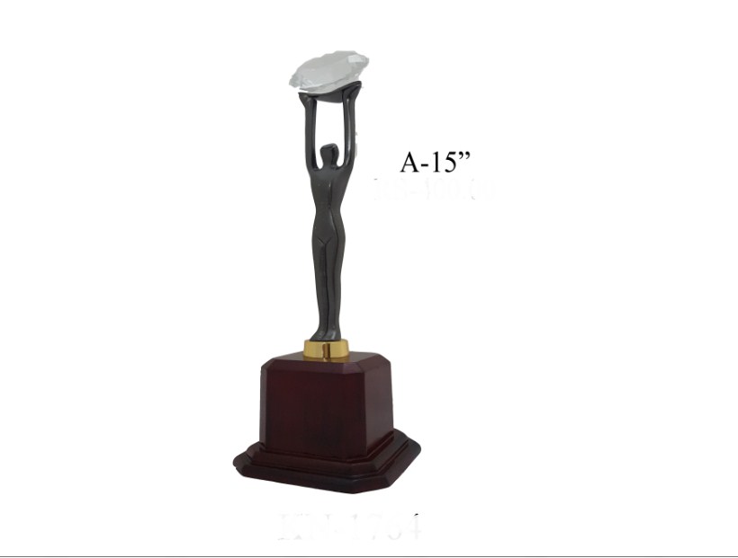 Metal Trophy with metal black man with diamond with wooden base