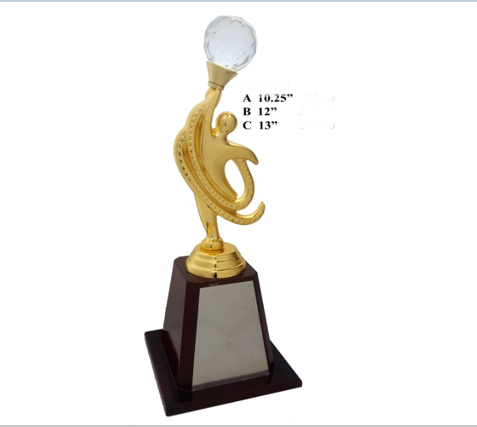 metal trophy with dancing man with crystal ball with wooden base