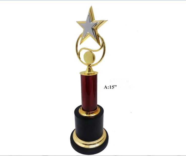 Metal Trophy with red pillor with metal star with wooden base