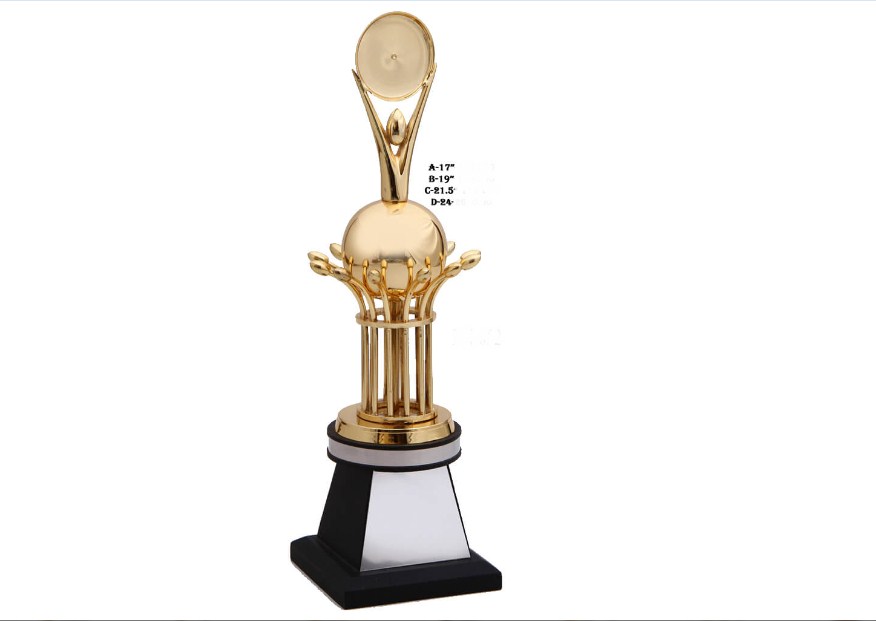 Metal Trophy with metal globe with standing man with wooden base