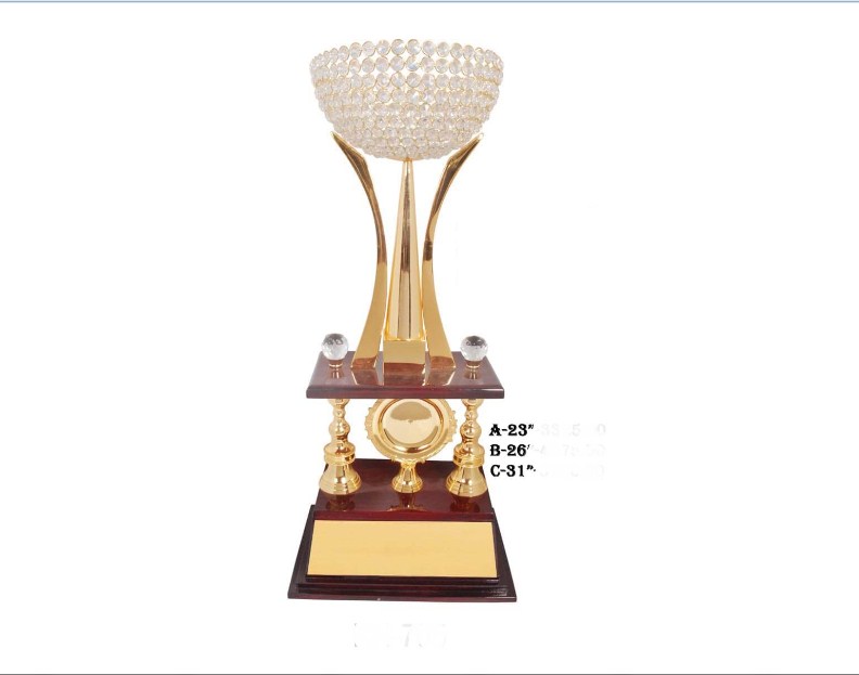 Metal Trophy with diamond cup shape premium award with wooden base
