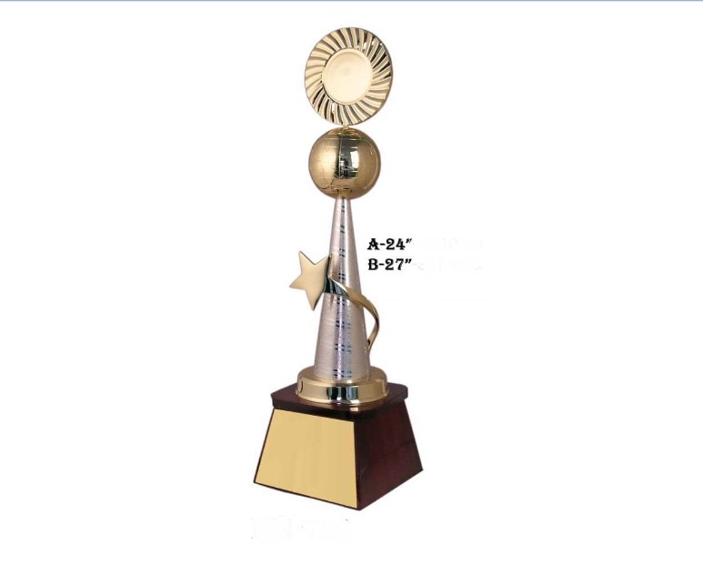 Metal Star with gold globe with wooden base