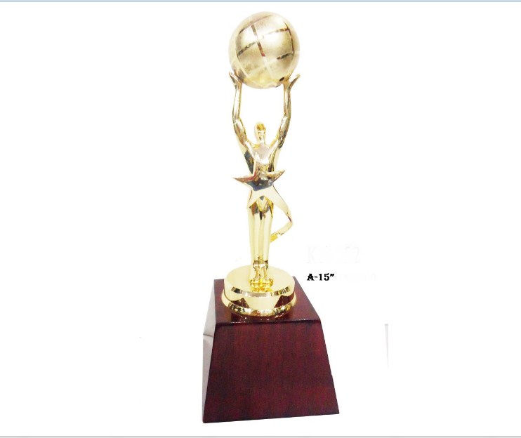 Metal Men Trophy with metal globe with star with wooden base