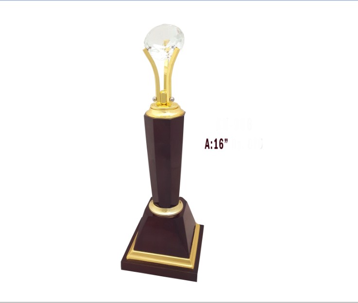 Metal Trophy with wooden pillor with crystal ball with wooden base