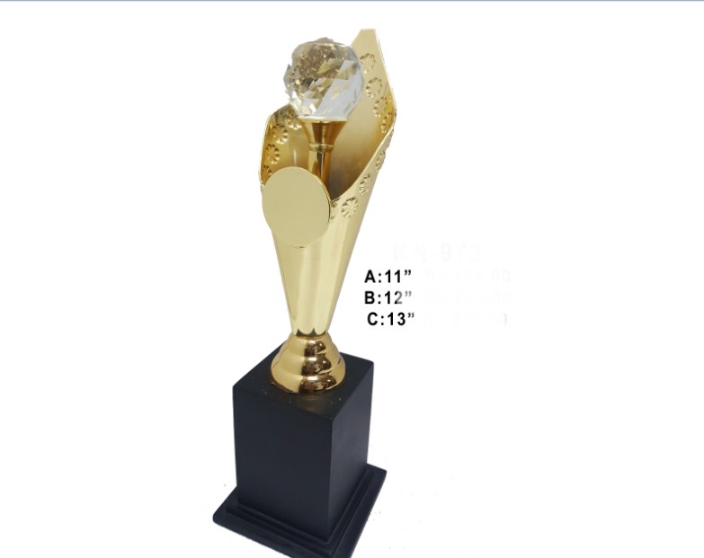 Metal Trophy with metal body with crystal ball with wooden base