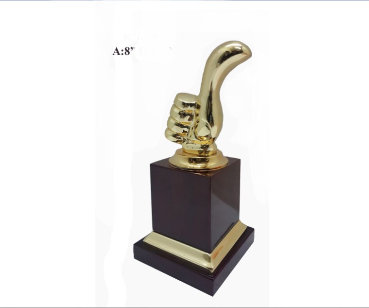 Metal Trophy with thumb shape with wooden base
