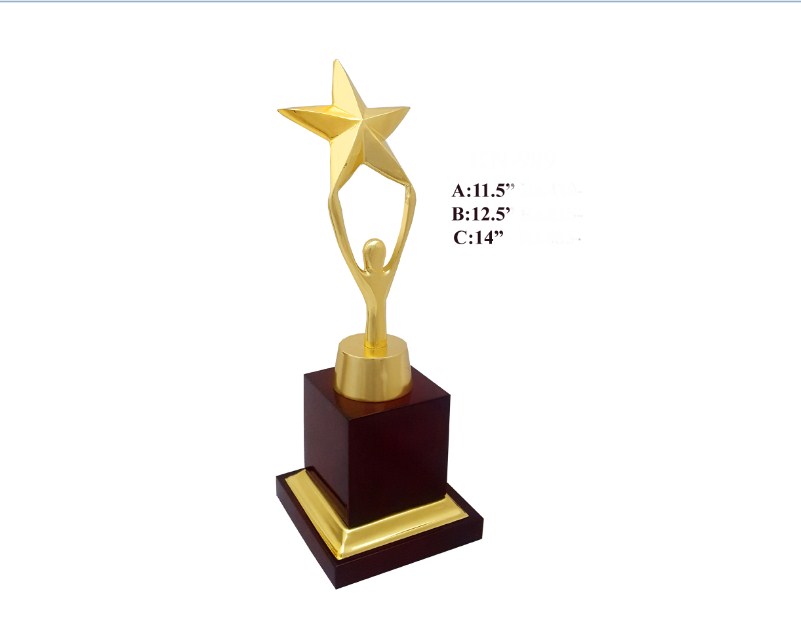 metal trophy stand man with star with wooden base