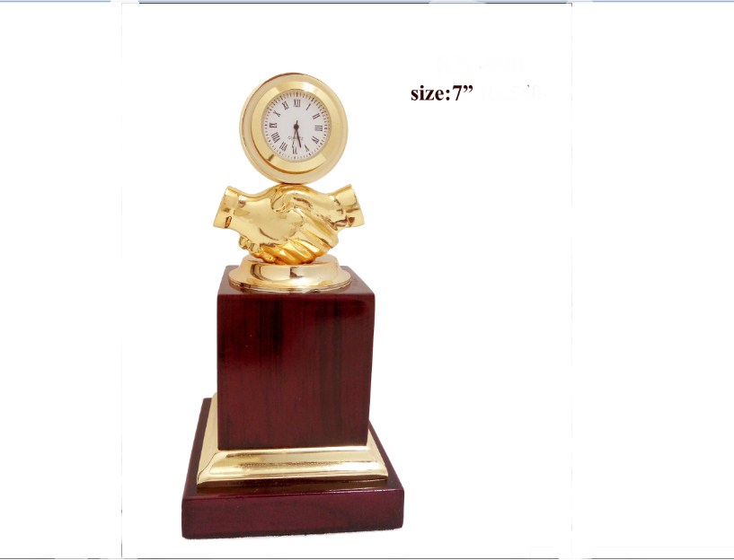 Metal Trophy with Hand shake shape and watch with wooden base