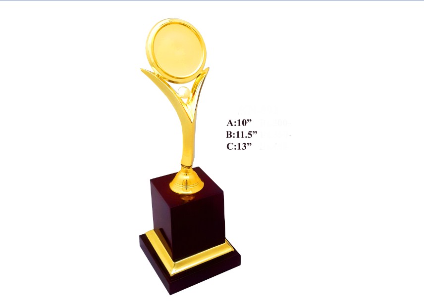 Metal Trophy with Handle lady with round gola with wooden base